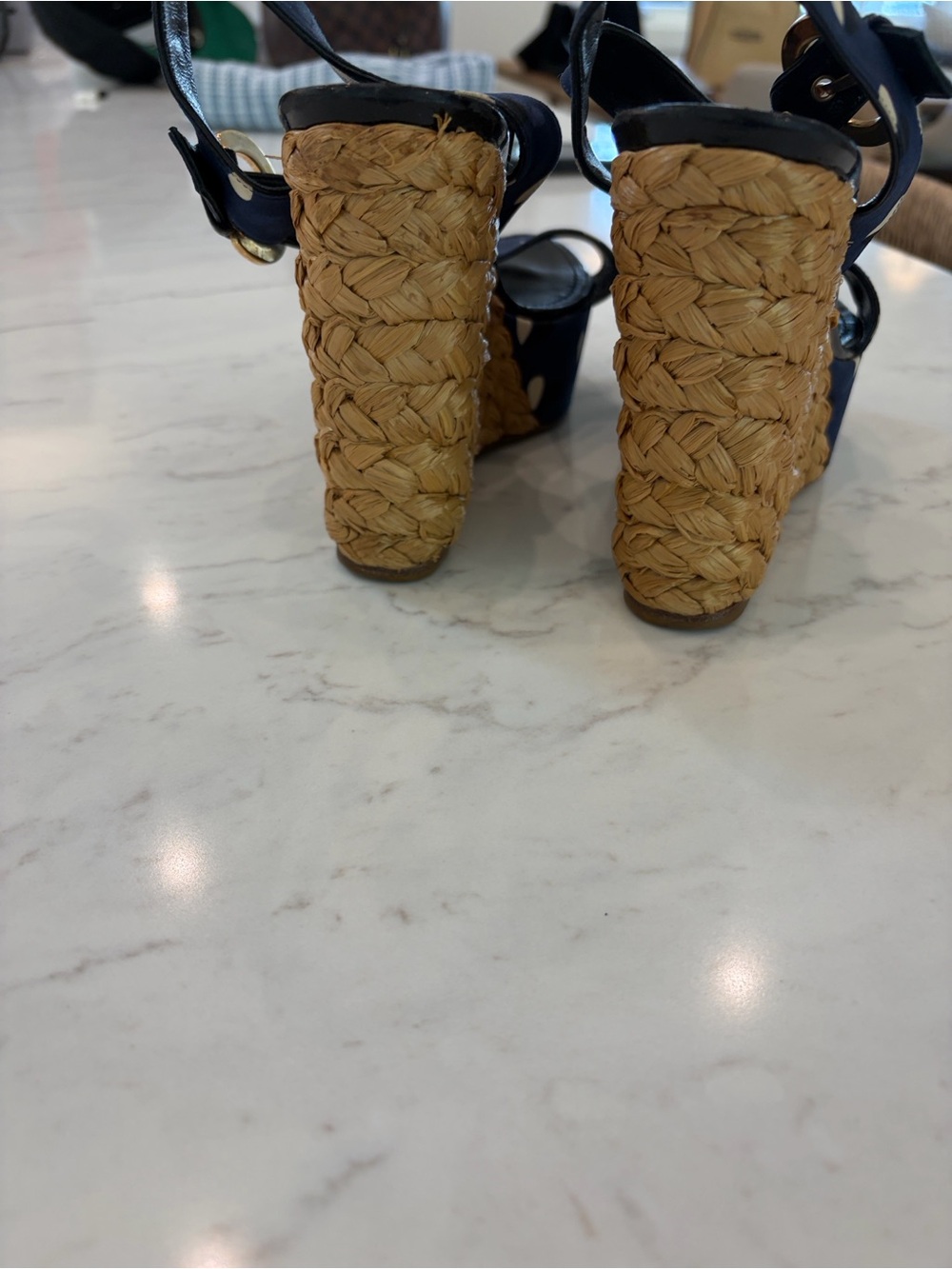 Louis Vuitton Navy Polka Dot Raffia Espadrille Wedge Sandals - Picture 4 of 9
